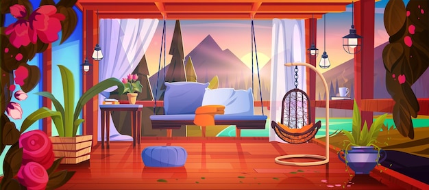 Terras van het huis met zonsopgang uitzicht op de bergen cartoon vector illustratie Land houten buitenkant van het balkon met fauteuil lente bloem en bank Mooie outdoor hotel patio in de ochtend bij de oceaan