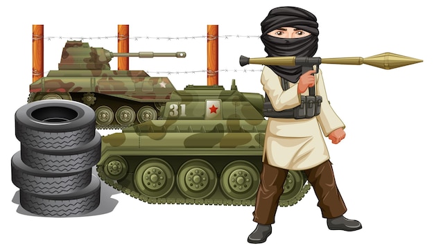 Gratis vector terrorist houdt rpg bij de tank