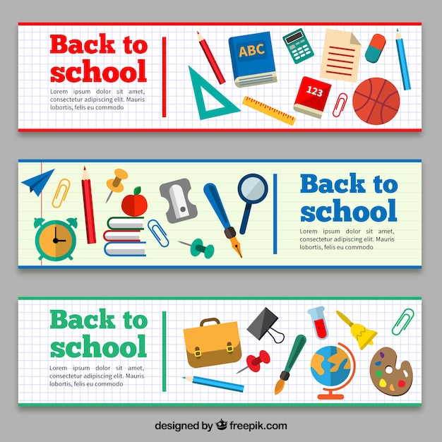 Gratis vector terug naar school banners met de school artikelen