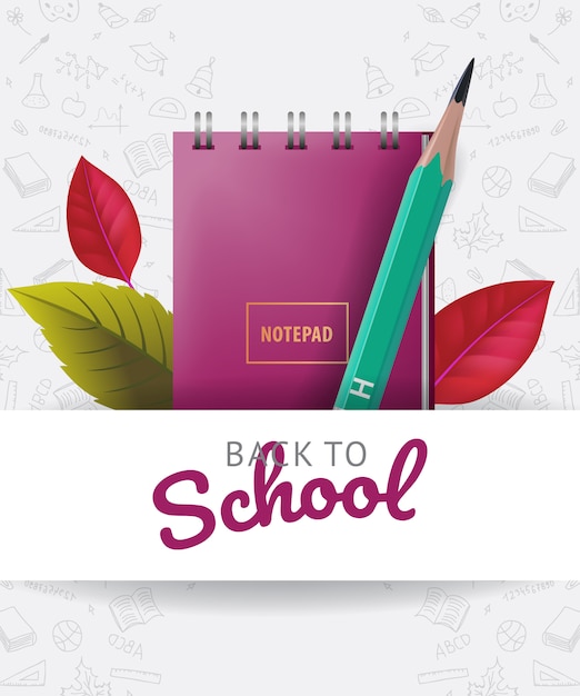 Terug naar school belettering met doodles, bladeren en briefpapier