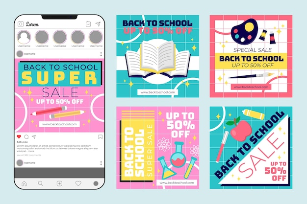 Gratis vector terug naar school instagram-berichtenverzameling