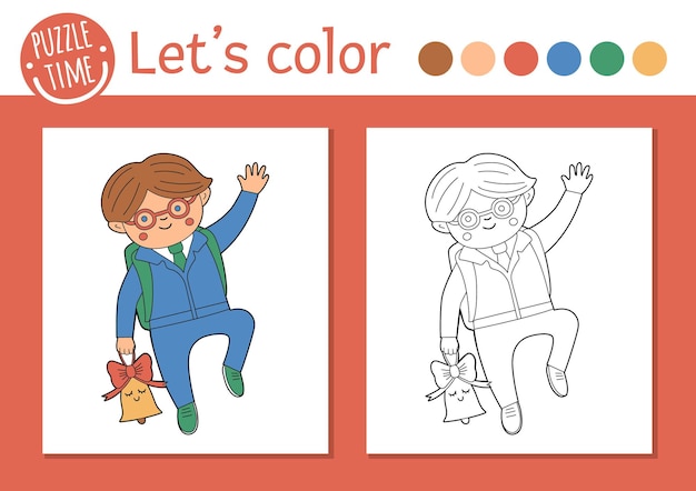 Terug naar school kleurplaat voor kinderen. grappige schooljongen met bel. herfstkleurenboek voor kinderen