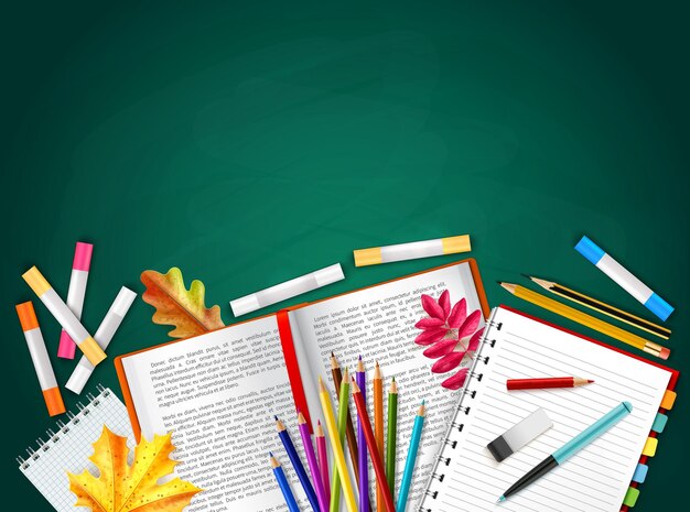 Terug naar school realistische achtergrond met boeken potloden kleurpotloden herfstbladeren rubber