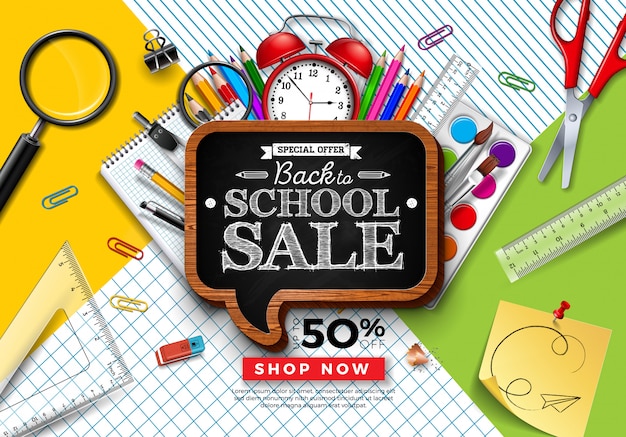 Terug naar school te koop ontwerp met kleurrijke potlood en schoolbord op vierkante raster en lijn achtergrond