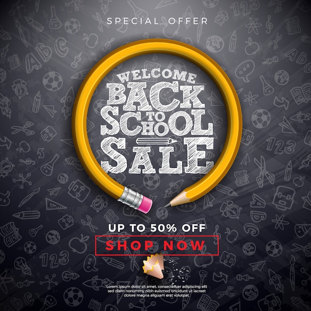 Terug naar school verkoop met grafiet potlood, penseel en typografie brief zwarte schoolbord achtergrond