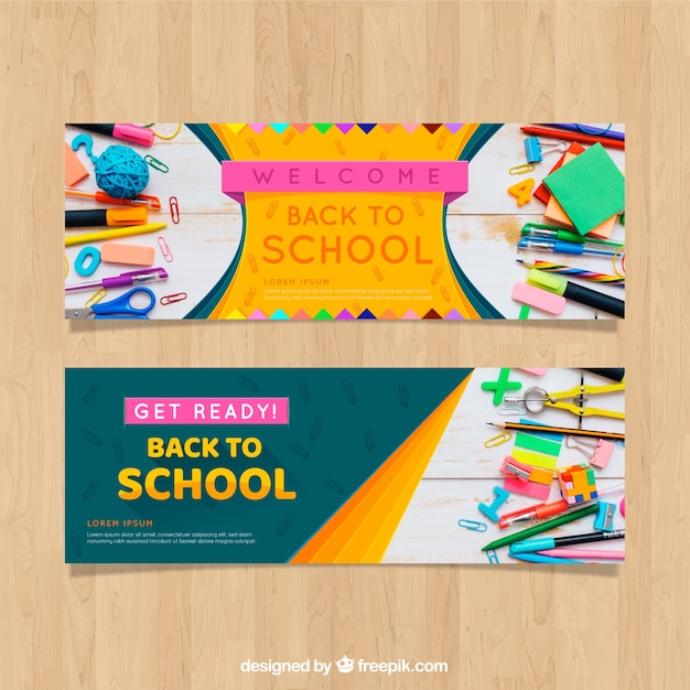 Gratis vector terug naar school webbanner met fotocollectie