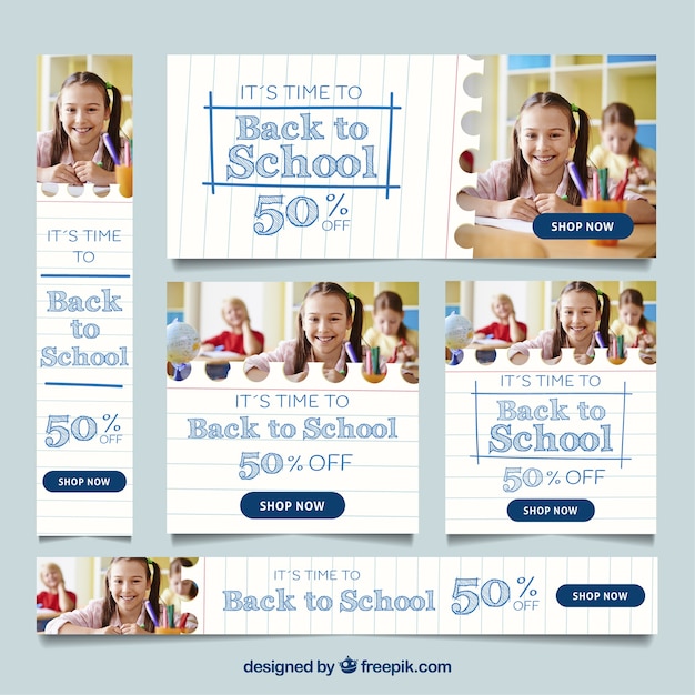 Gratis vector terug naar school webbanner met fotocollectie