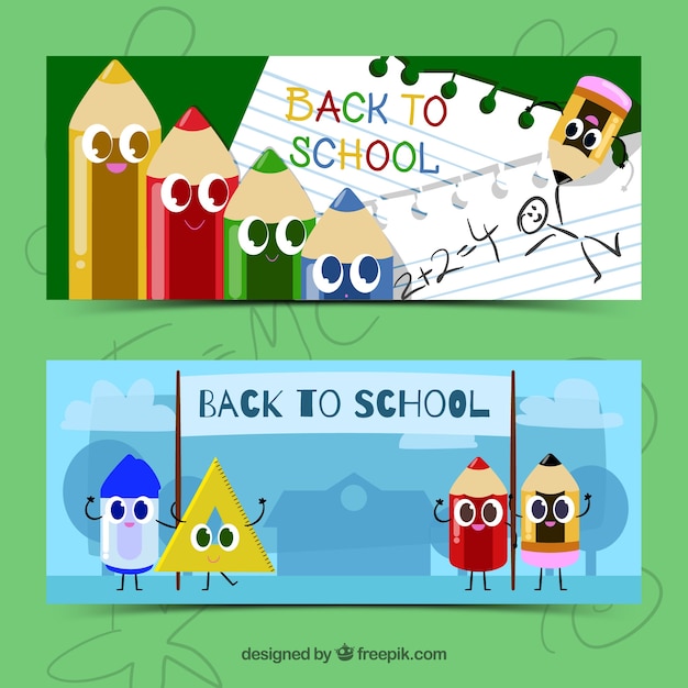 Gratis vector terug naar schoolbanners met cartoons