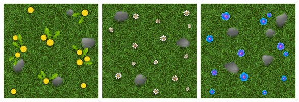 Gratis vector texturen van groen gras met bloemen en stenen voor spelachtergrond. vector cartoon naadloze patronen van bovenaanzicht van gazon met bloesems in park of tuin, zomer weide