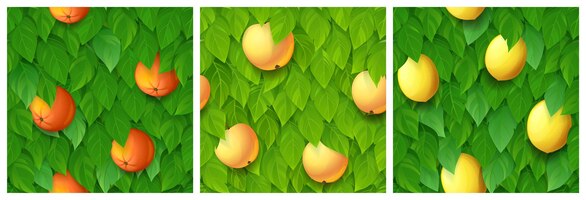 Texturen van sinaasappelcitroen en appelboom voor spelachtergrond vectorbeeldverhaal naadloze patronen van tropisch fruitboomgebladerte met groene bladeren en oogst