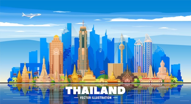 Gratis vector thailand steden skyline silhouet vectorillustratie op witte achtergrond zakelijk reizen en toerisme concept met beroemde bezienswaardigheden van thailand afbeelding voor presentatie banner website