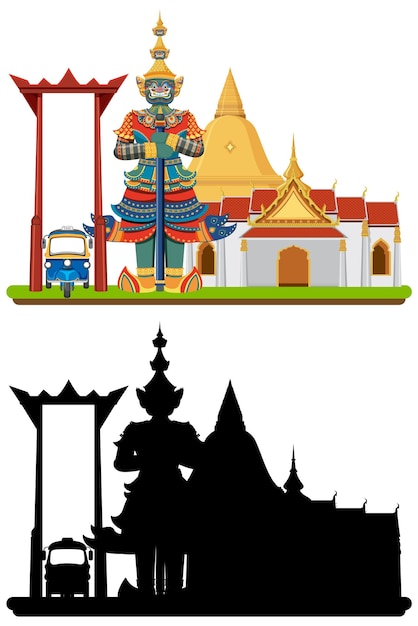 Gratis vector thailand toeristische attractie oriëntatiepunt met silhouet