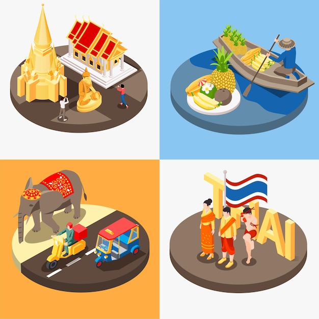 Gratis vector thailand toeristische set met vier geïsoleerde composities van ronde platforms met thaise nationale symbolen oude oriëntatiepunten vector illustratie