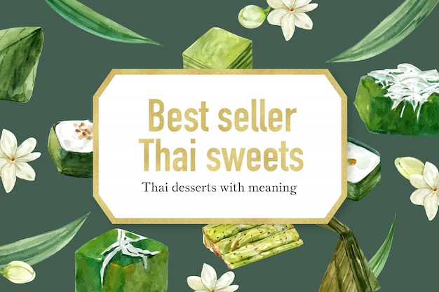 Thais zoet bannermalplaatje met diverse thaise waterverf van de puddingenillustratie.