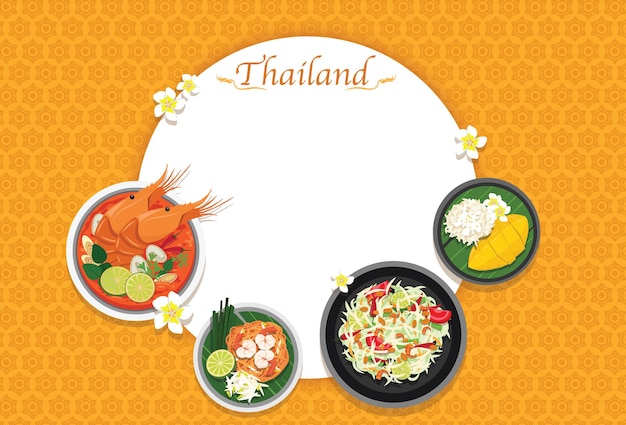 Gratis vector thaise gerechten verscheidenheid tom yum kung kleefrijst en mango pad thai papajasalade thaise gerechten op tafel