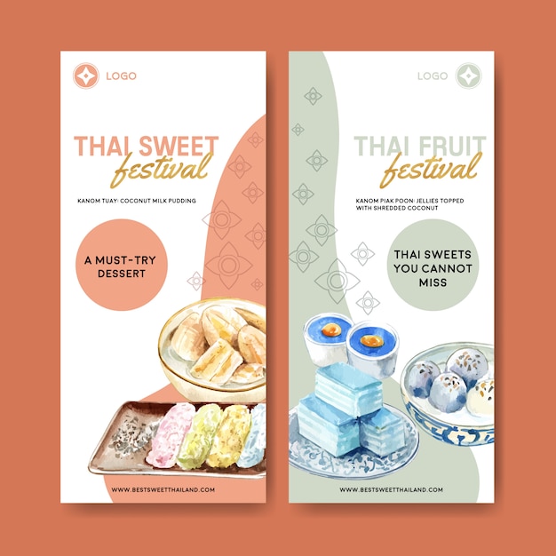 Thaise zoete banner met pudding, de gelaagde illustratie van de geleiwaterverf.