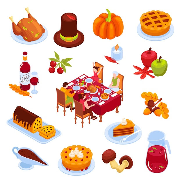Gratis vector thanksgiving day isometrische set van traditionele vakantie-elementen en feestelijke gerechten geïsoleerde vectorillustratie