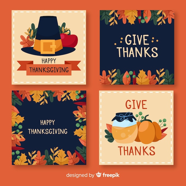 Gratis vector thanksgiving day-kaartinzameling in vlak ontwerp