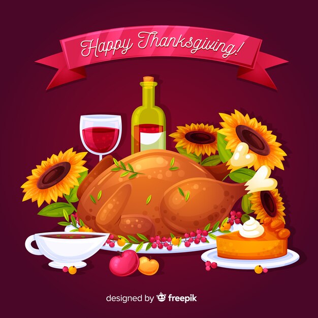 Thanksgiving dayachtergrond in vlak ontwerp met Turkije