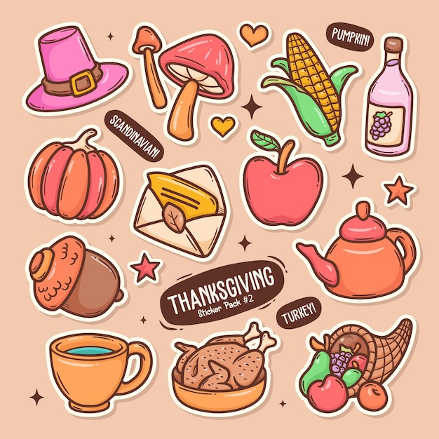 Thanksgiving schattig doodle vector sticker collectie
