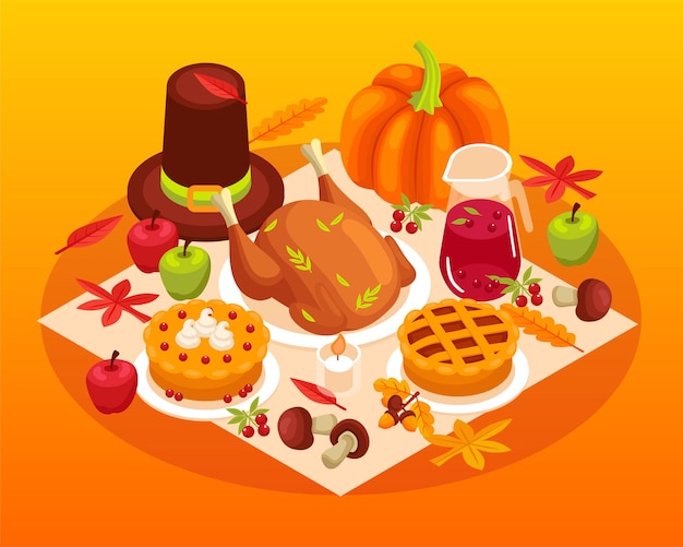 Gratis vector thanksgiving tabel isometrische samenstelling met traditionele amerikaanse gerechten kalkoentaart pompoen veenbessen vectorillustratie