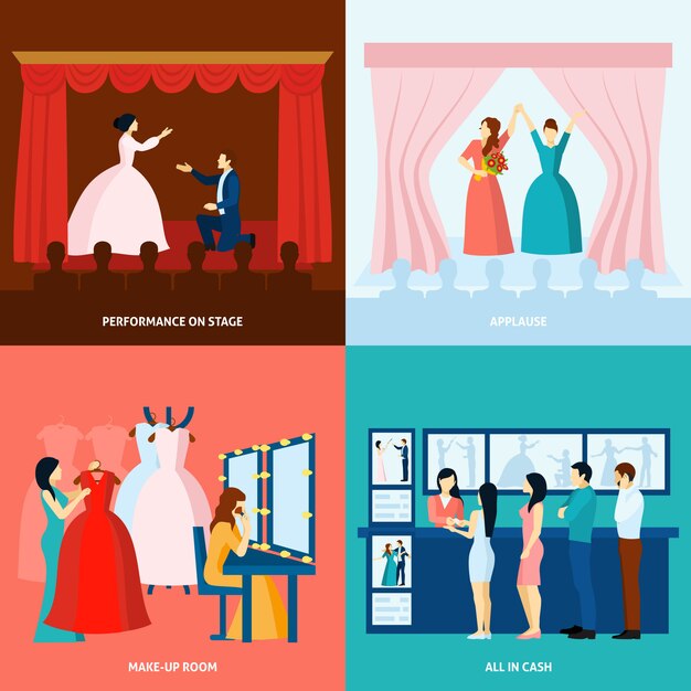 Theater 4 plat pictogrammen vierkante banner