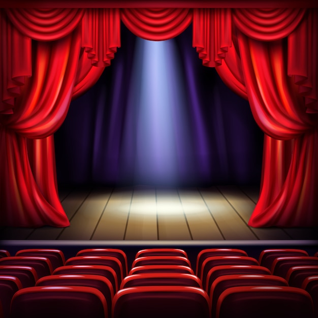 Theater- of concertzaalpodium met geopende rode gordijnen, schijnwerpers in het midden