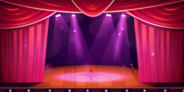 Gratis vector theaterconcertpodium met gordijnbeeldverhaalscène