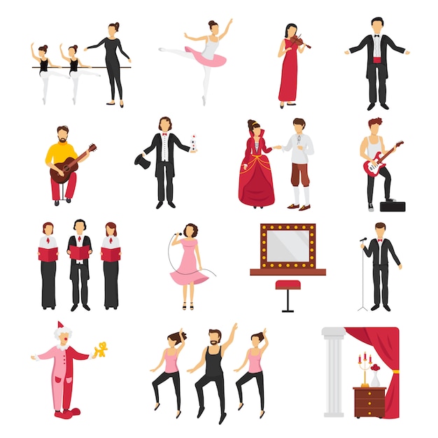 Gratis vector theatermensen met drama en balletsymbolen vlak geïsoleerde vectorillustratie die worden geplaatst