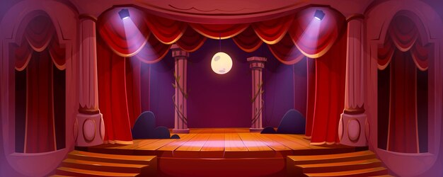Theaterpodium met rode gordijnen, lichten en maan