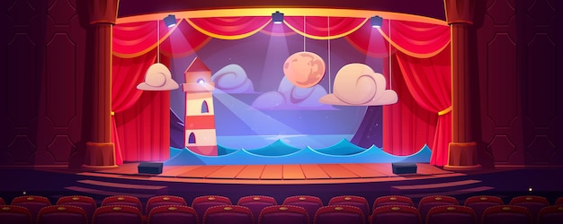 Gratis vector theaterpodium met rode gordijnen, stoelen en decor