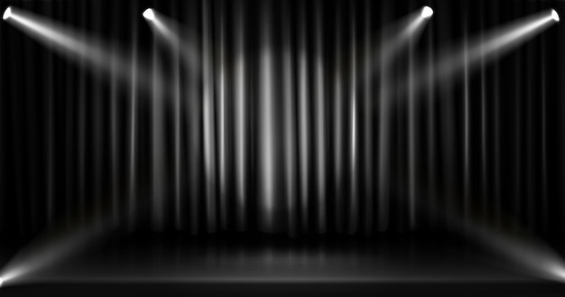 Theaterpodium met vloergordijn en schijnwerpers