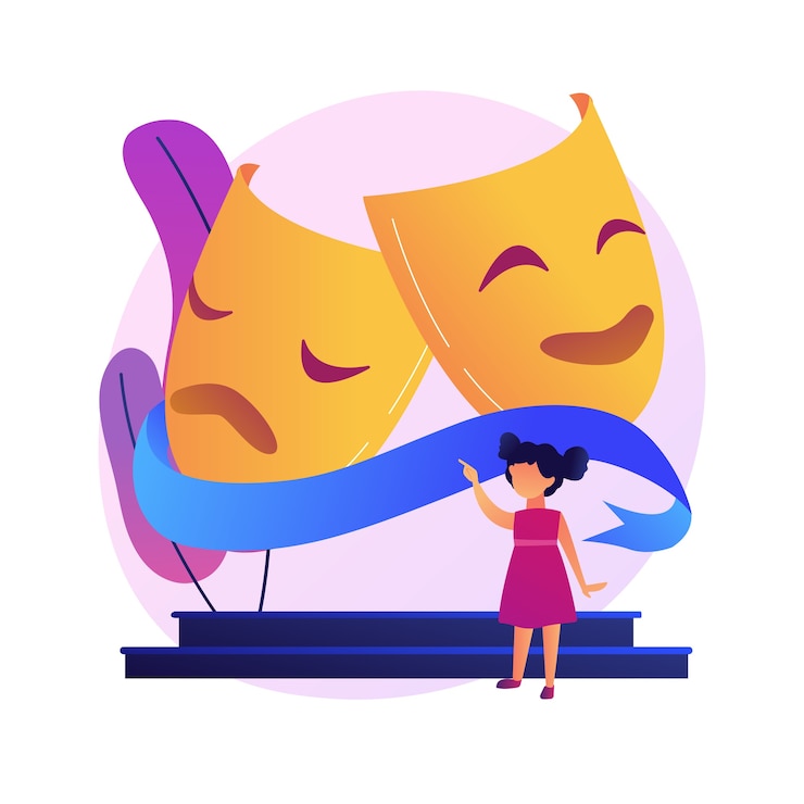 Gratis Vector theaterpremière-avond. actrice op het podium. klassiek toneelstuk, toneelstuk, tragediescène. showtime op broadway. maskers als decoratie. .