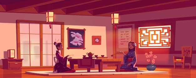 Theeceremonie in Aziatisch restaurant, vrouwen dragen traditionele kimono in Chinese of Japanse cafe sit