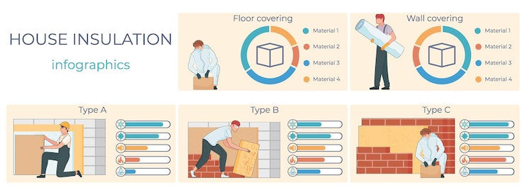 Gratis Vector thermische isolatie platte set infographic composities met klusjesman karakter staafdiagrammen radiale grafieken en tekst vectorillustratie
