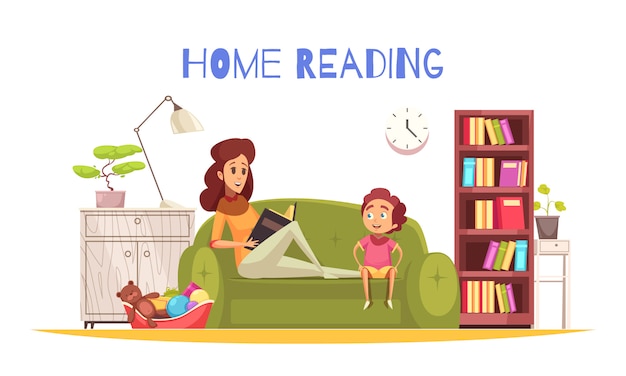 Thuis lezen met boekenplanklamp en bank plat