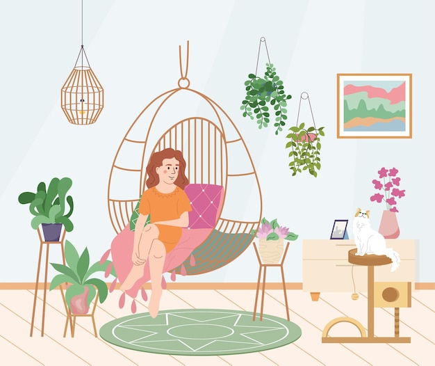 Gratis vector thuis tuinieren platte compositie met binnen interieur landschap met vrouw in hangstoel omringd door planten vector illustratie