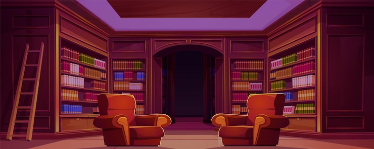 Gratis Vector thuisbibliotheek met boeken over houten planken en gezellige fauteuils cartoon vectorillustratie van grote kamer ingericht met boekenplanken en ladder vintage literatuurcollectie plaats voor het lezen van hobby