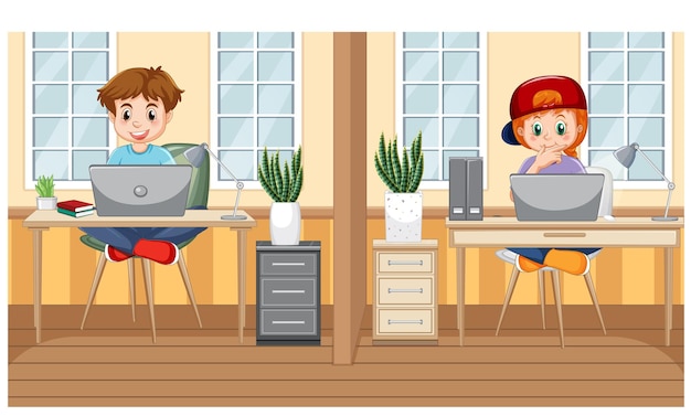 Gratis vector thuisscène met kinderen die hun laptop gebruiken