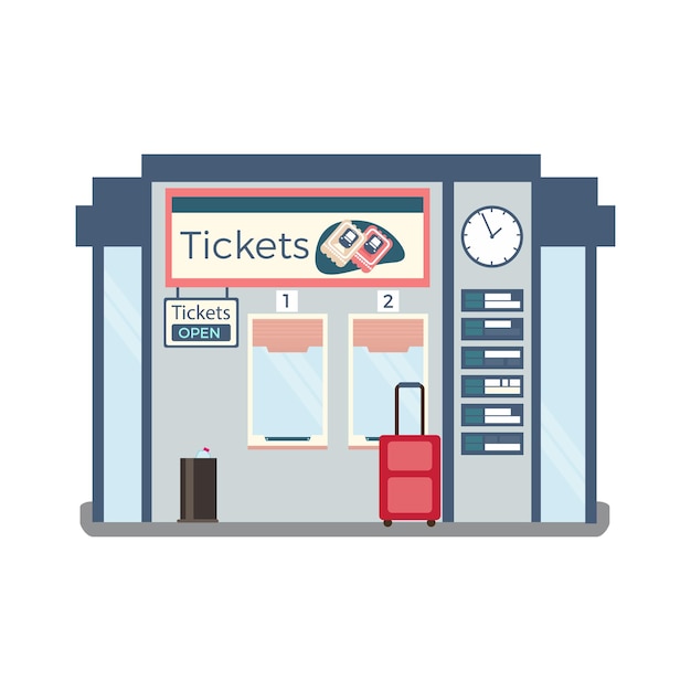 Gratis vector ticket kantoorgebouw met twee ramen klok schema koffer plat