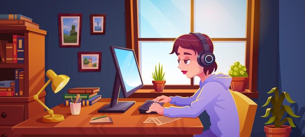 Tiener die thuis op een desktopcomputer werkt