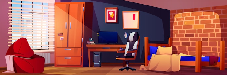 Gratis Vector tiener jongens slaapkamer interieur met meubilair vector cartoon illustratie van houten bed kledingkast desktop computer boeken en lamp op tafel comfortabele fauteuils netjes werkruimte uitzicht op de stad in venster