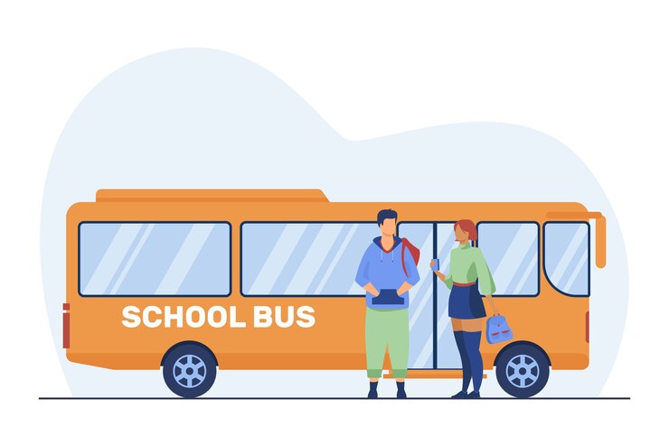 Gratis Vector tienerpaar dat zich bij schoolbus bevindt. scholieren, jongen en meisje praten platte vectorillustratie. woon-werkverkeer, daten, jongeren