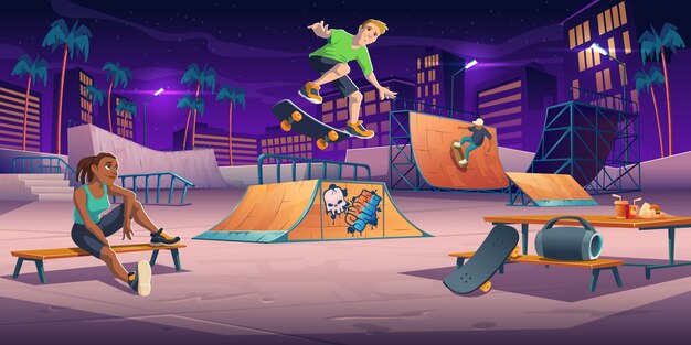 Tieners in het nacht skatepark, rollerdrome voeren skateboard-springstunts uit op pijphellingen en ontspannen. Extreme sport, graffiti, stedelijke jeugdcultuur en tienerstraatactiviteit, cartoonillustratie