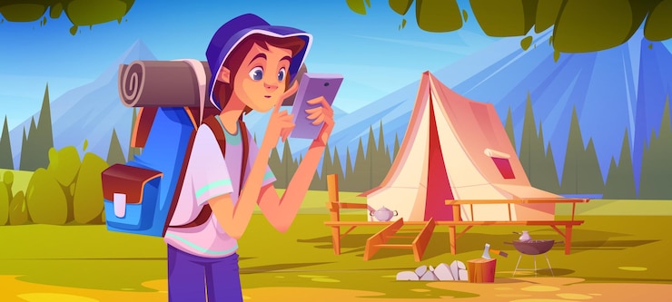 Gratis Vector tieners met een rugzak in het bos bij een tent