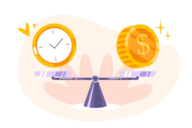 Tijd is geldsaldo op schaalpictogram. concept van timemanagement, economie en investeringen. vergelijking van werk en waarde, financiële winst. platte vectorillustratie van munten, contant geld en horloge op wip.