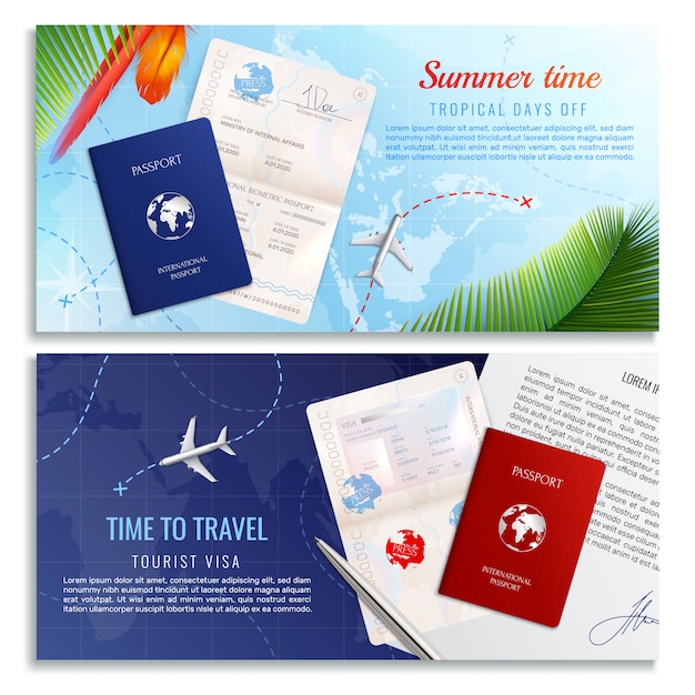 Gratis vector tijd om realistische banners te reizen met modellen van biometrisch paspoort en toeristenvisumaanvraagformulier realistisch
