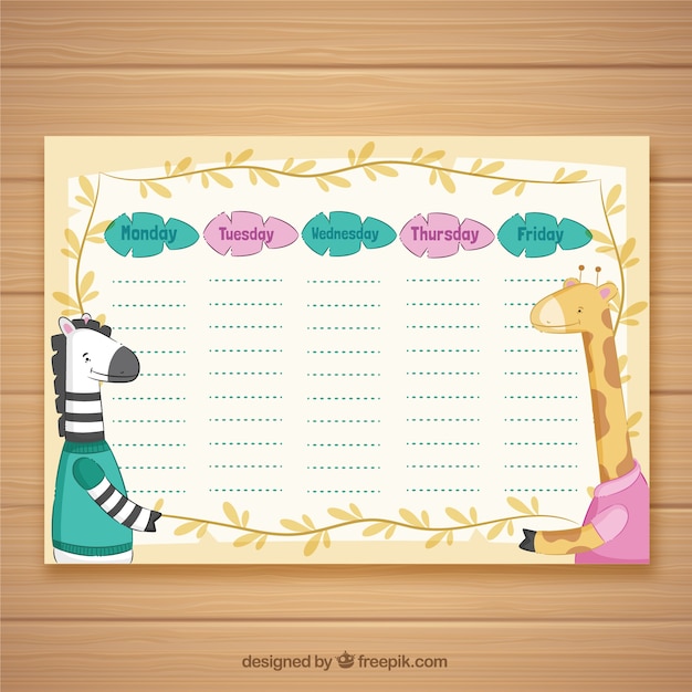 Gratis vector tijdschema van de school om te organiseren met schattige dieren