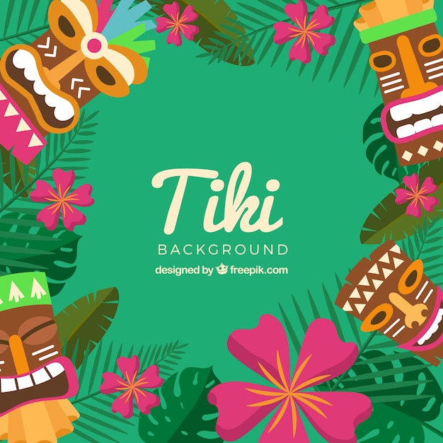 Tiki maskers, bloemen en bladeren