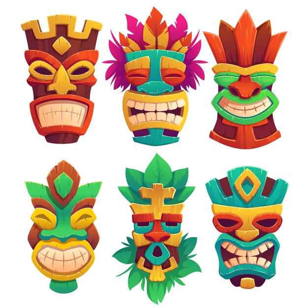 Tiki-maskers, tribale houten totems, attributen in Hawaiiaanse of Polynesische stijl, enge gezichten met een tandachtige mond